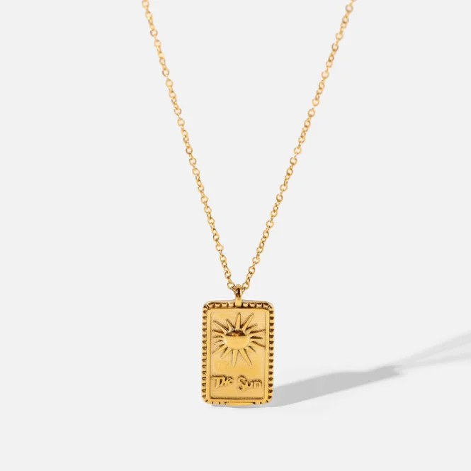 

Fashion Vintage Square Sunshine Pendant Necklaces Stainless Steel Gold Plated The Sun Necklace With Chain Waterproof Jewelry, Gold,rose gold,black and silver