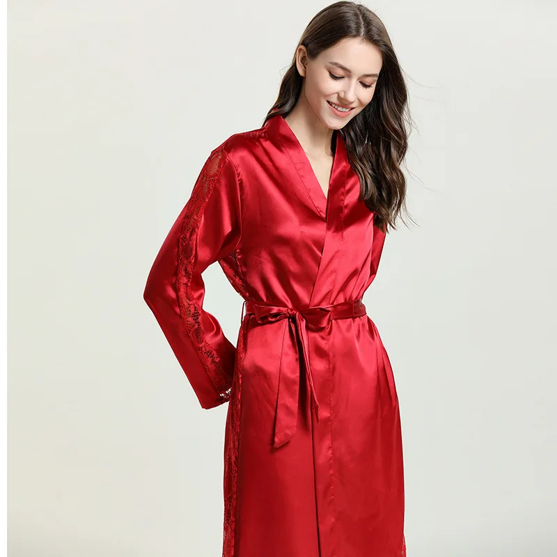

High Fashion Ladies nightgown satin lace sexy long nightgown, pure color home service Pajamas, 4 colors