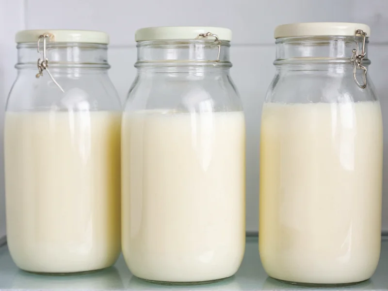 Three glass jars of homemade evaporated milk in refrigerator