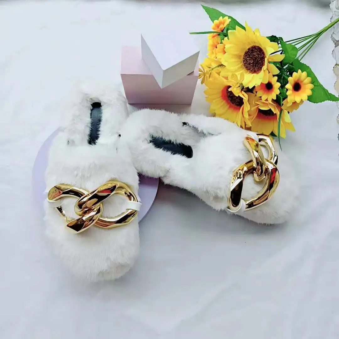 

Latest Design Gold Chain Plush Slippers Designer Fluffy Home Faux Fur Slides Slippers