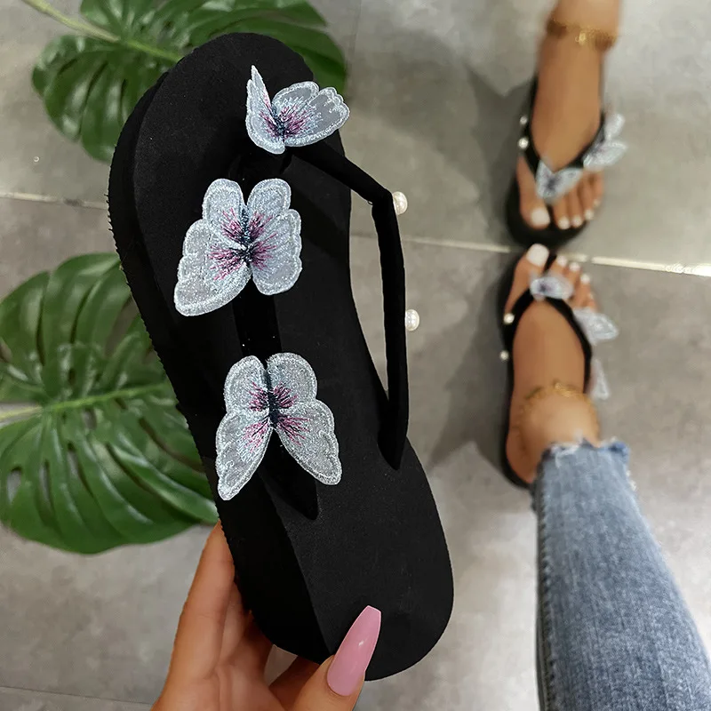

BUSY GIRL ZP4542 flip-flops slippers pearl 3D Lace Butterfly Slippers 2023 Custom Platform Heels Wedge Slides Slippers For Women