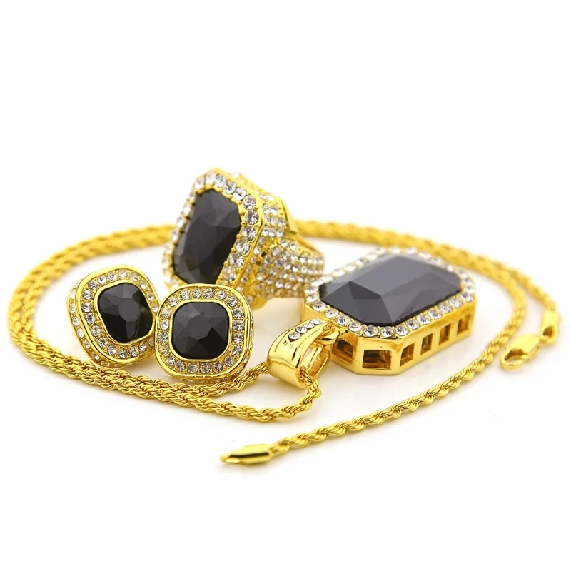 

Hip Hop Jewelry Set Gemstone Ring Earring Pendant Necklace Blingbling Cross-Border Supply EBay Hot Sale