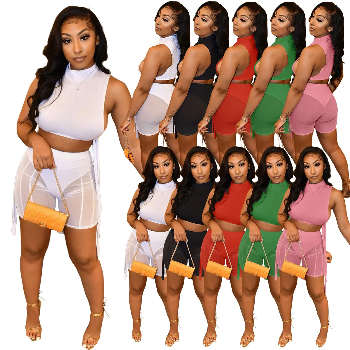 

Summer Side Hollow Out Bandage Turtleneck Sleeveless Vest And Mesh See Through Splice Shorts Women Casual Slim 2 Piece Sets