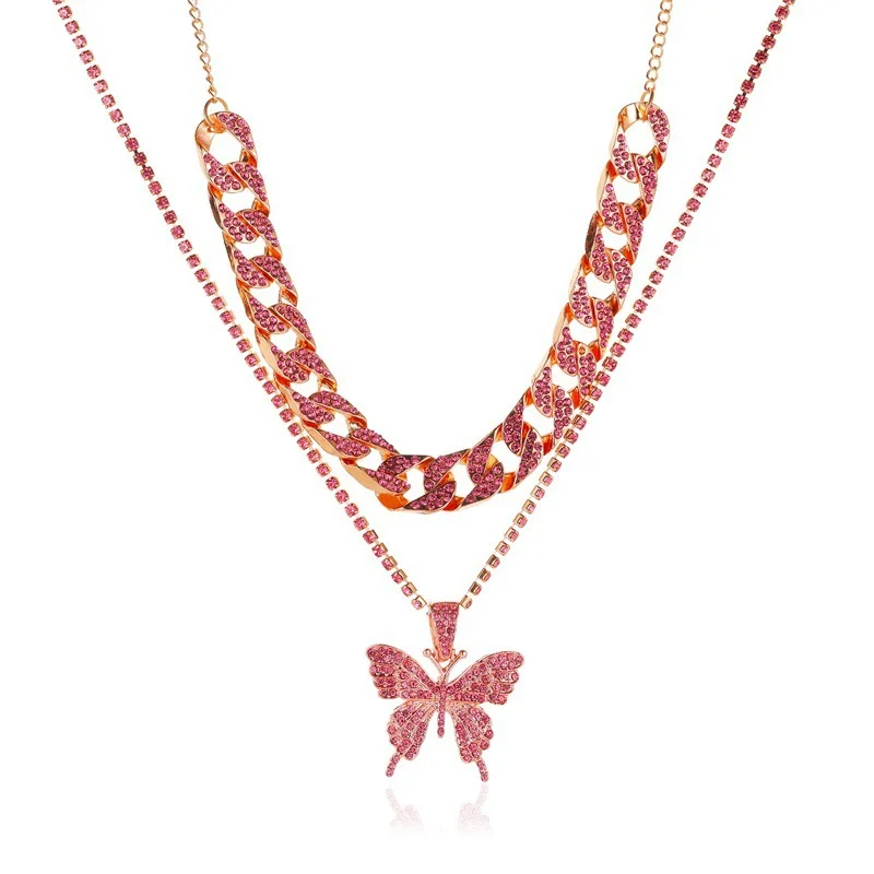 

2pcs European Hips Hop Punk Gold Plated Rhinestone Cuban Link Necklace Pink Crystal Butterfly Pendant Necklace set