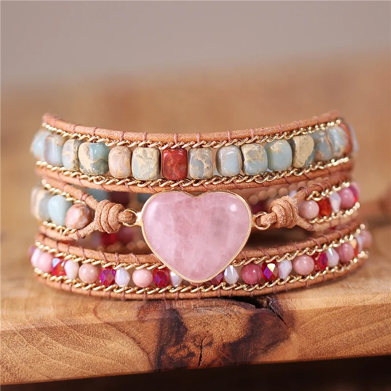 

Romantic Rose Quartz Heart Leather Wrap Bracelets Pink 3 Strands Cuff Bracelet Handmade Teengirl Jewelry Bijoux Droppshipping