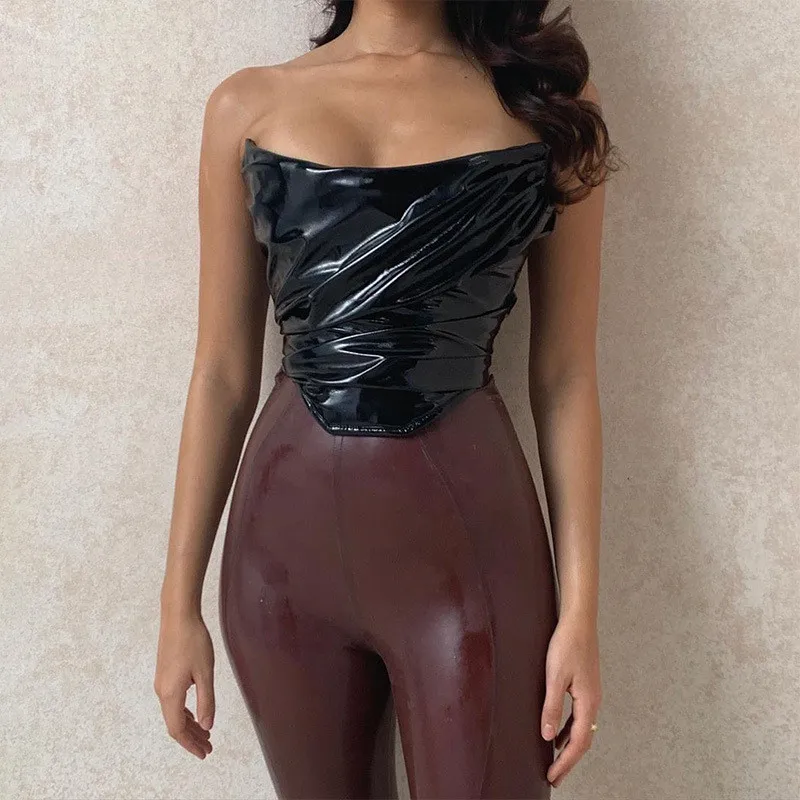 

Sexy PU Folds Tube Top Women Custom Ladies Corset Top Women Sexy Crop Top Women, Customized color