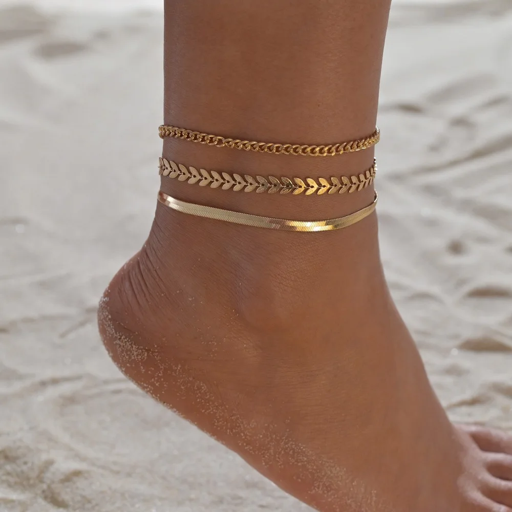 

3Pcs/Set Vintage Boho Anklets For Women Gold Plated Snake Chain Charm Ankle Bracelet