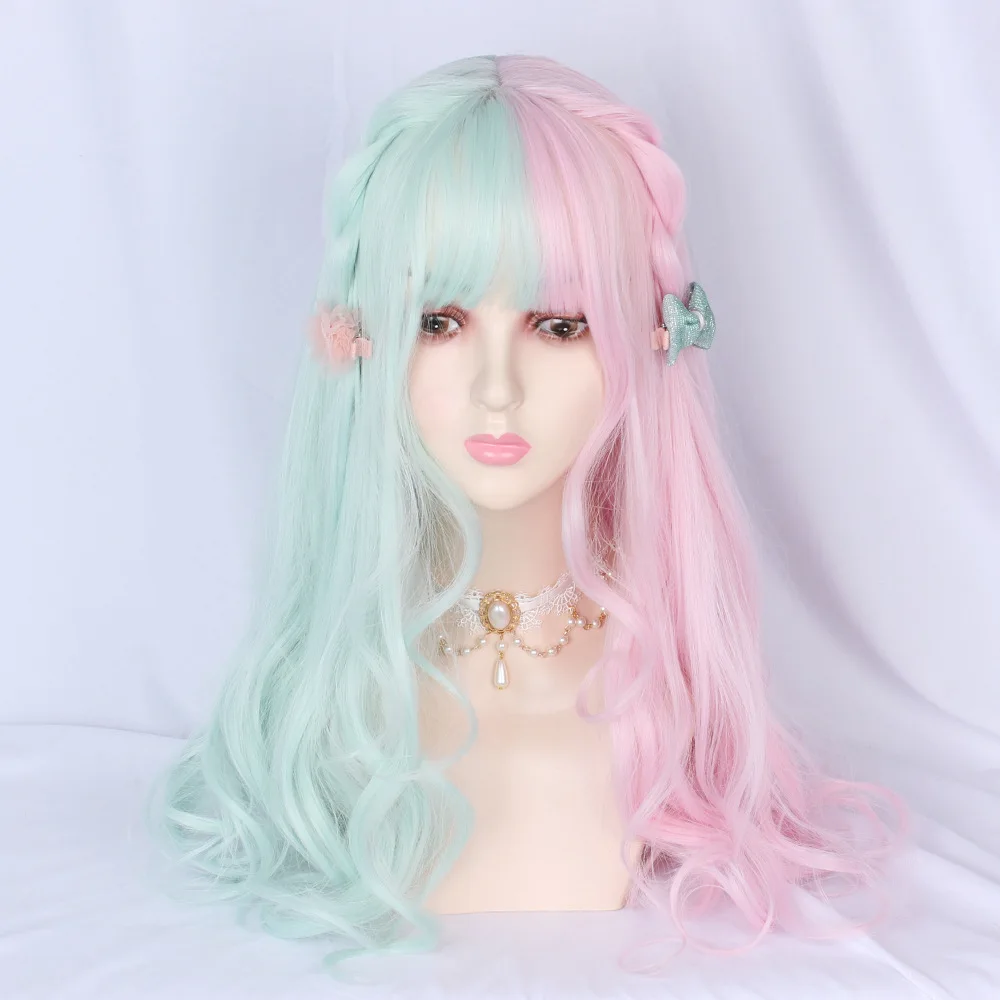 

Ainizi long body wave Japanese cute Lolita style half light blue half light pink synthetic fashionable wigs for women