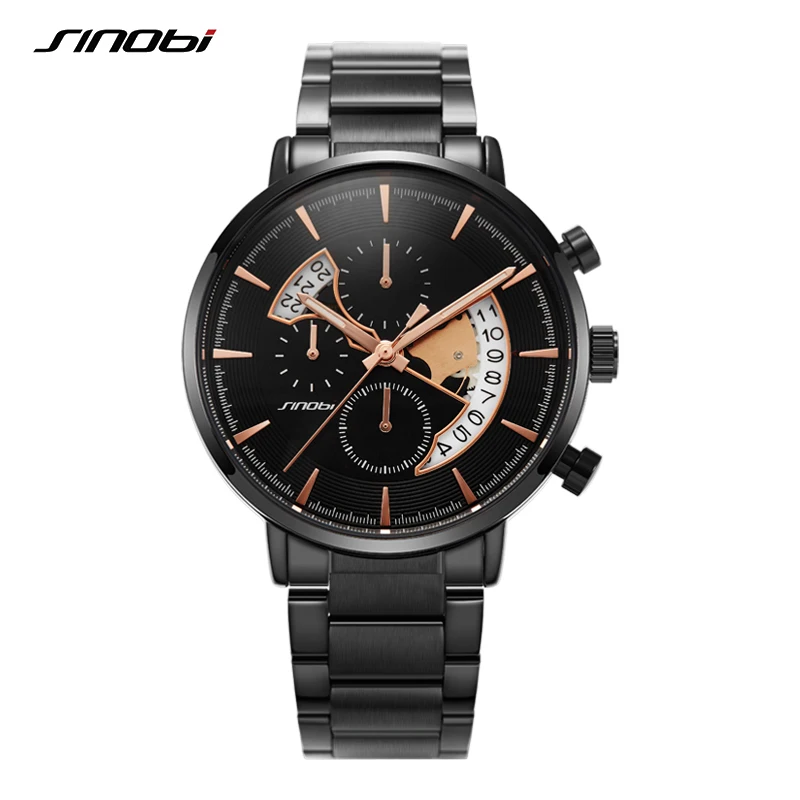 

SINOBI Elegant Multi-functional Men' Watch Black Mineral Glass Date Window Luminous Vogue Men's Quartz Watches S9829G