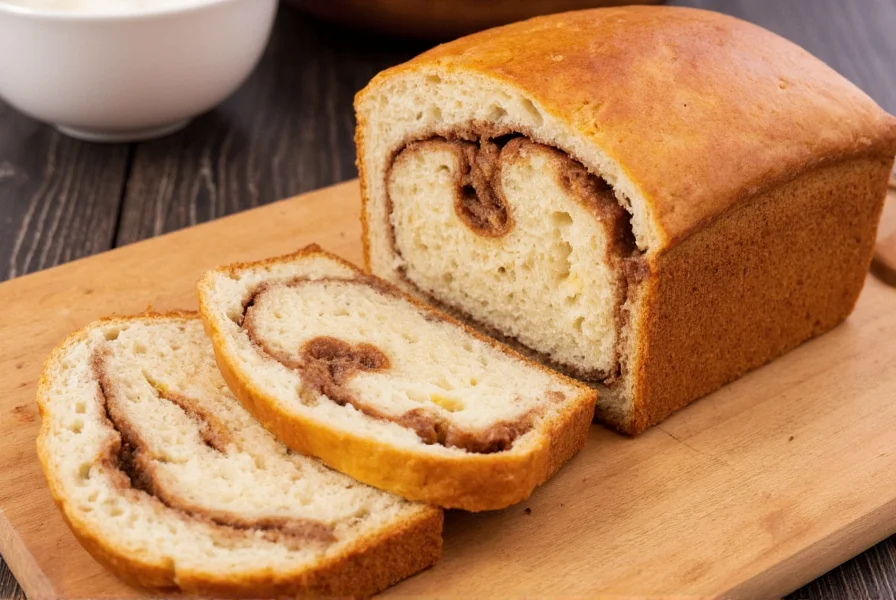 Perfectly baked cinnamon loaf bread with visible swirl pattern, golden brown crust, and moist interior on a wooden cutting board