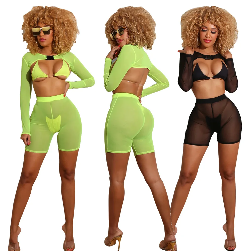 

GX115 Fashion Womens Beachwear Cover Up Four Piece Set Transparent Swimsuit Beachwear Sexy High Waist Swimsuit Set, Picture