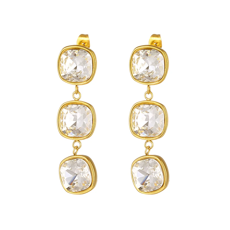 

Stainless Steel 18K Gold Plated Waterproof Statement Fashion Jewelry Dnagle Diamond Crystal Three Stone Drop Earrings