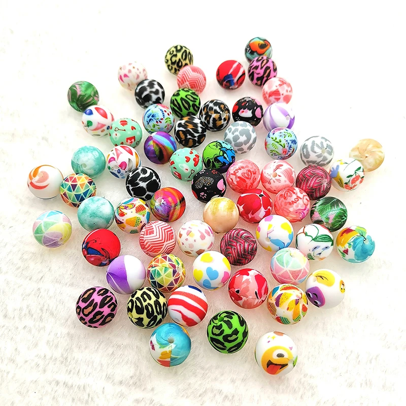 

120 designs Food Grade Silicone Printed Beads 15 MM For Jewelry Custom DIY Silicone Cow Printed Soft Chew Teething Beads Bulk, 104 printed sign