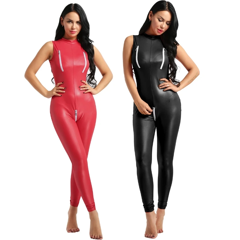 

Fashion Red Faux Leather Bodysuit Women Zipper Crotch Mock Neck Leotard Bodysuit Catsuit