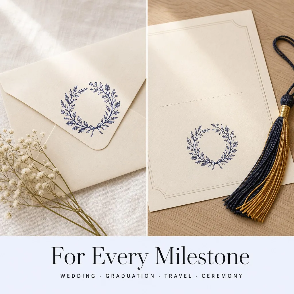 For Every Milestone - wedding envelope and graduation certificate both with botanical wreath stamp impressions