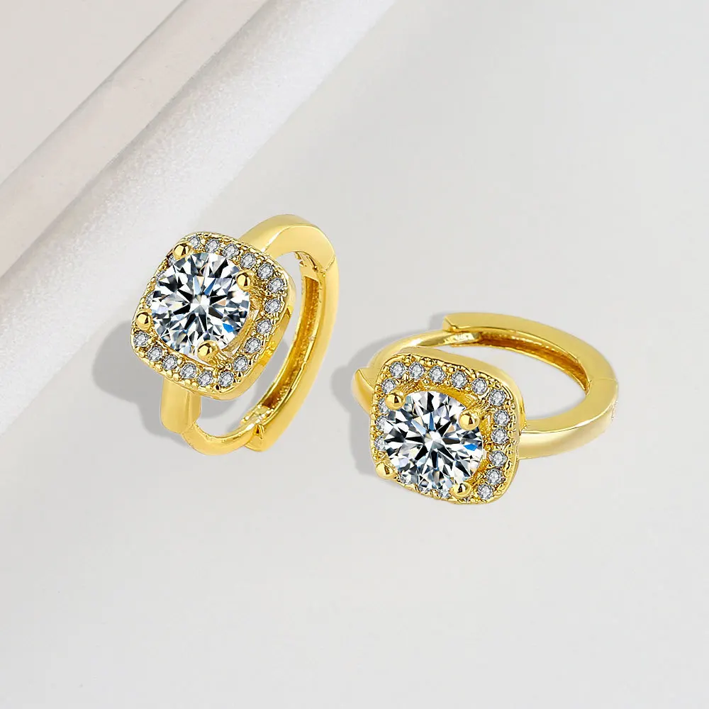 

Fashion Jewelry Micro Insert Full Diamond Sterling Silver Hoop Earrings Shiny Gold Plated 925 Sterling Silver CZ Huggie Earrings