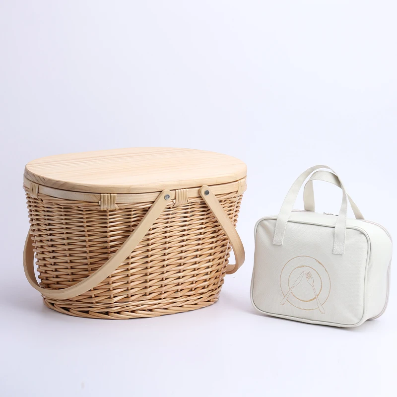 

small luxury rattan Gift willow mini holiday 4 person handle wood top insulated wicker picnic basket set with wooden lid, As photo or as your requirement