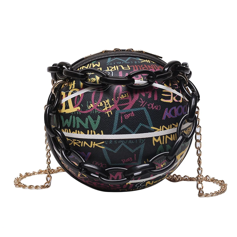 

Chain Designer Round Basketball Shoulder Purses Letter Graffiti Basketball Bag Handbags