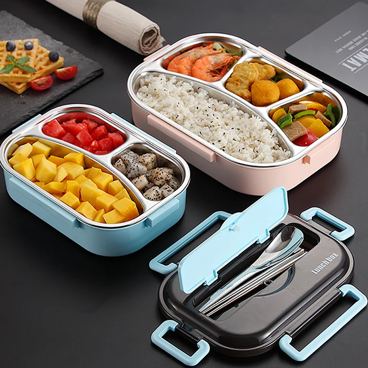 

Sealed Leak Proof High Capacity Bento Box Compartment Design Stainless Steel Lunch Box With Cutlery, Pink/blue/green