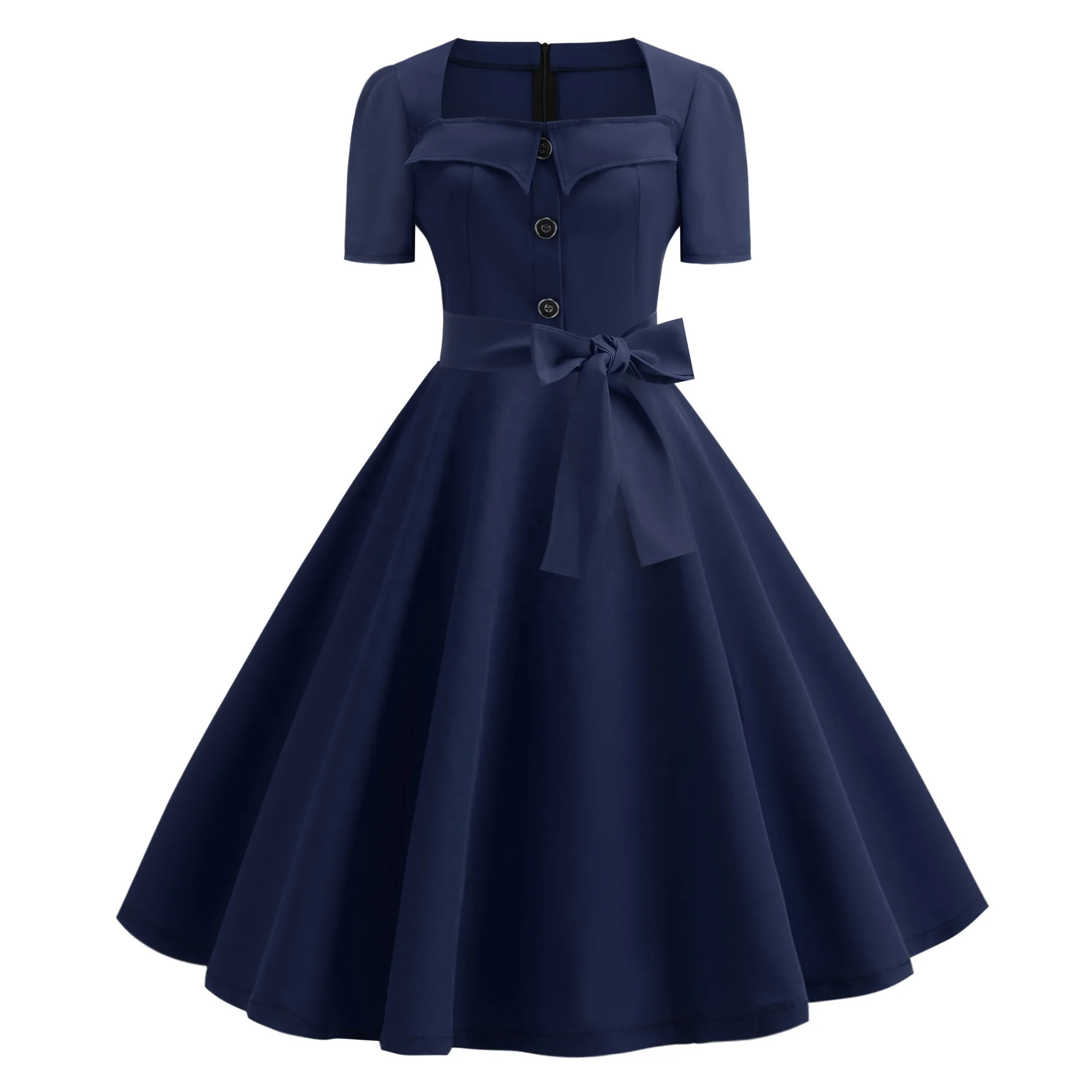 

SP-W6002 Women's Square Neck Collared Tie Waist 40s 50s Vintage Dress, Navy