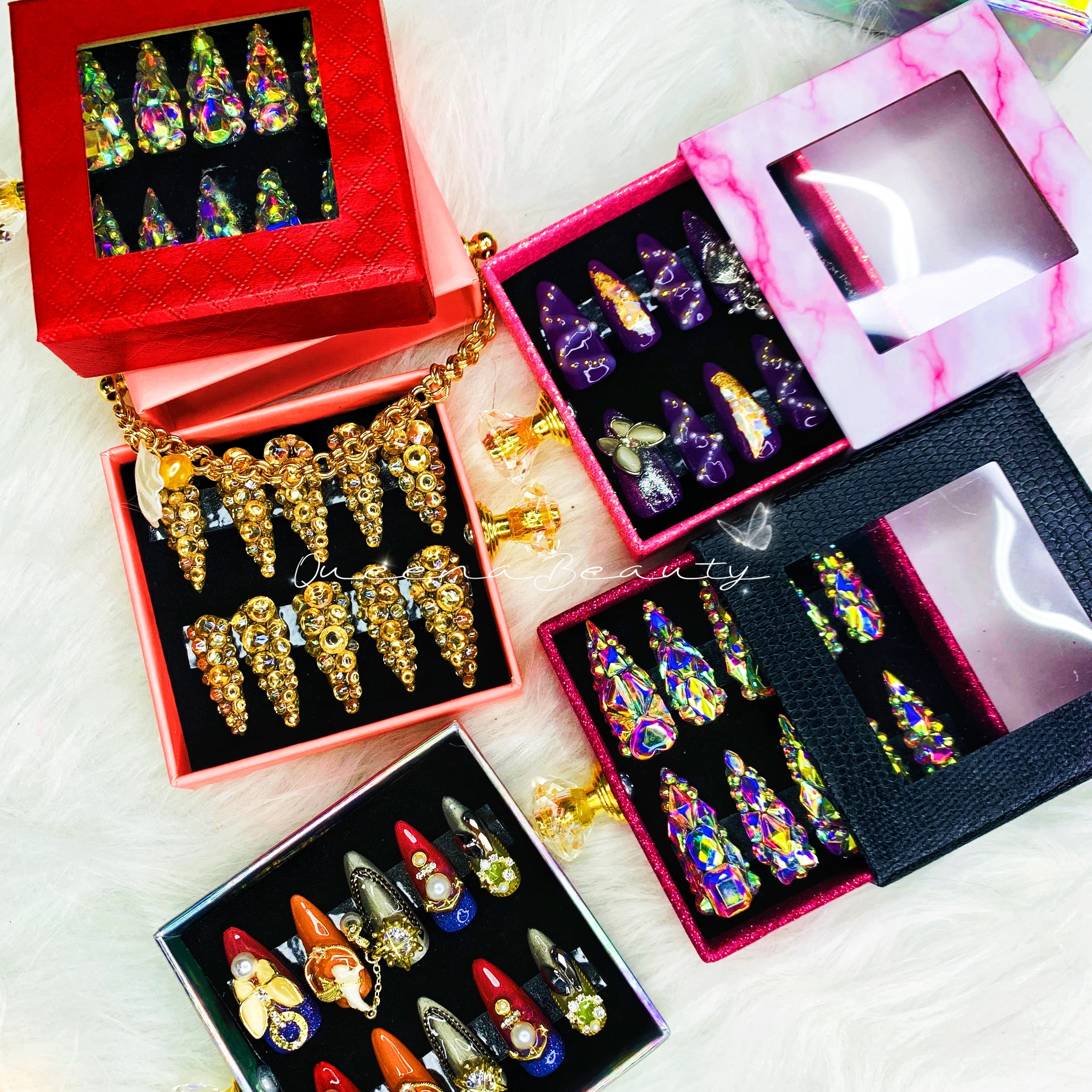 

custom nails designed rhinestone artificial press on nails packaging box, press on nails private label, Colorful