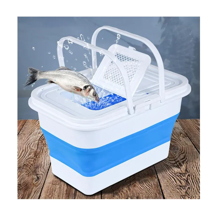 

Multi-purpose Lightweight Durable TPR  3.4 Gallons Portable Collapsible Fishing Bucket for Washing Dishes Camping Hiking, White and blue