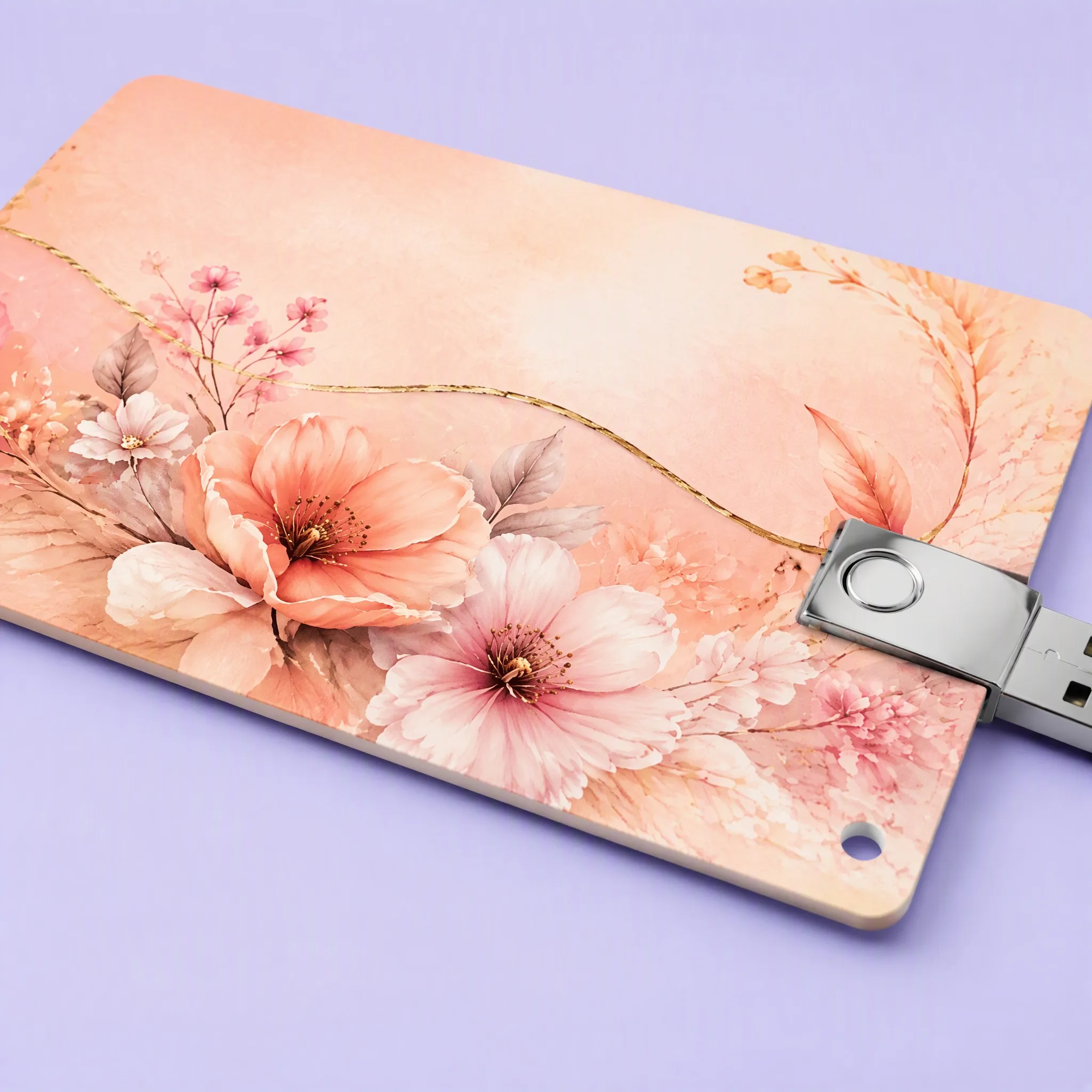 High-Angle Detailed Flat View of Peach Blossom and Gold Foil Line Art across Card USB Drive