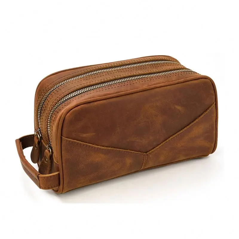 

2020 Waterproof Zipper OEM ODM Travel Real Genuine Leather Toiletry Bag Mens, As picture/customize