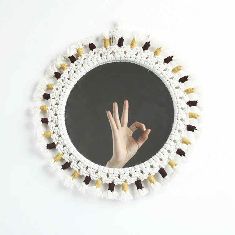 

round boho macrame mirror macrame mirror wall hanging cotton rope handwoven mirror macrame for home decoration, White
