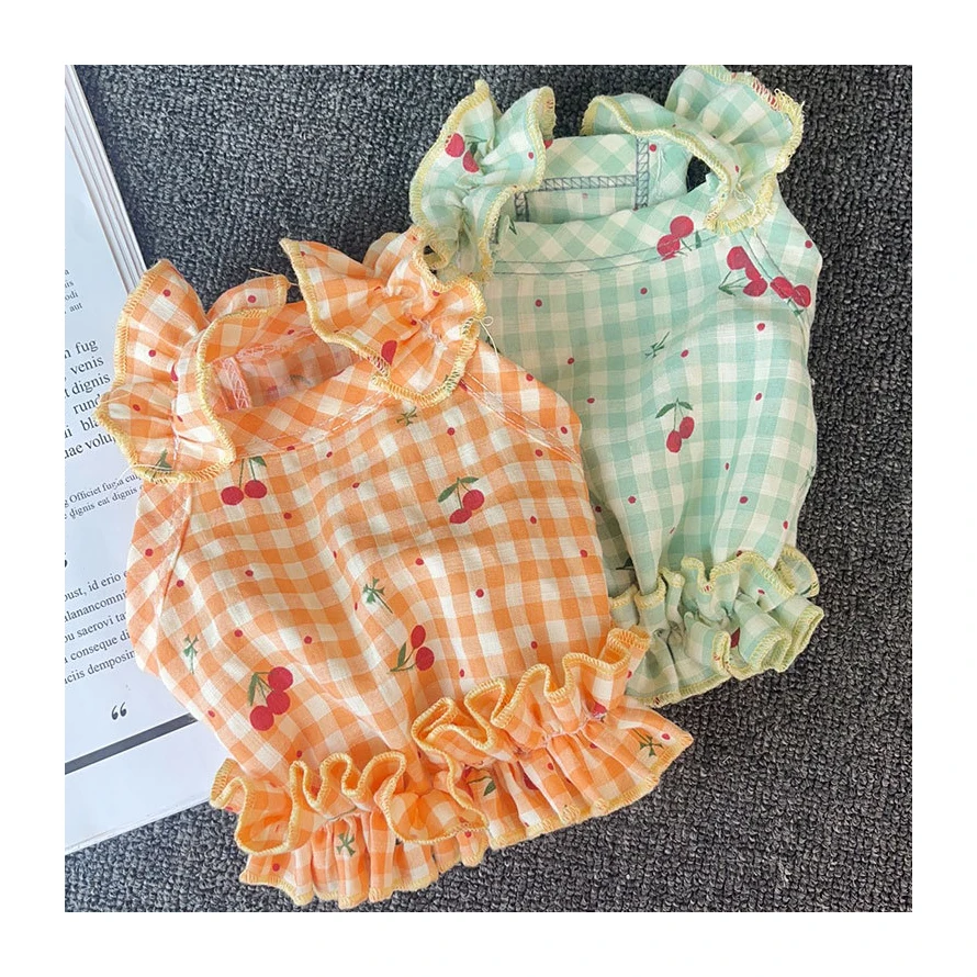 

New hot sale cherry print plaid cute cat clothes customizable pet clothes