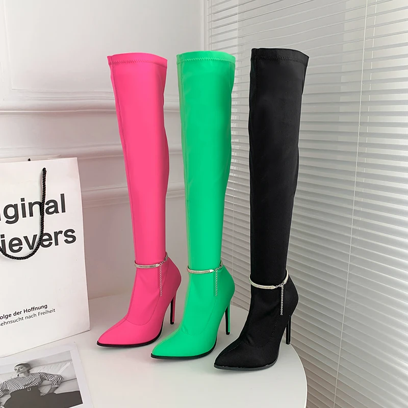 

Botas Largas De Mujer Chain Tube Fashion Stiletto Heel Over the Knee Green Pink Thigh Women Boots, Black, rosy, green