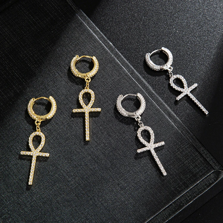 

Ins Hip hop Men and Women CZ Zirconia Cross Stud Ankh Earrings