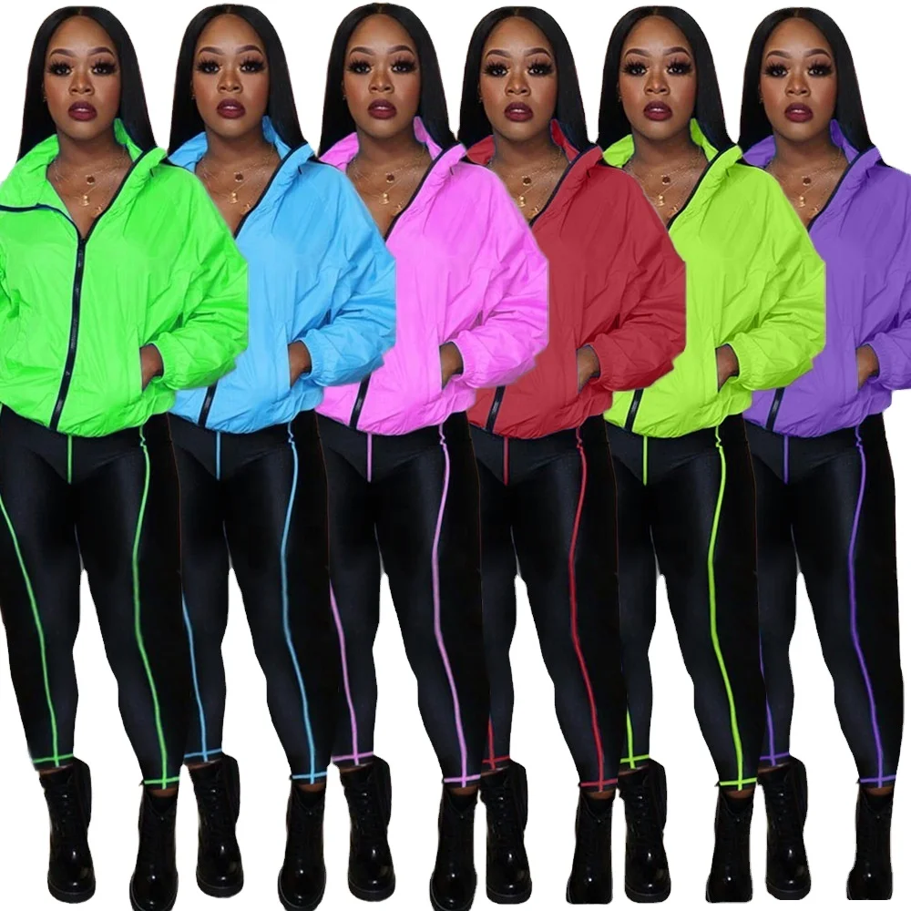 

2020 Neon Contrast Color Sport Wear Jacket Coat and Long Leggings Pants 2 Piece Set Women Sports Clothing