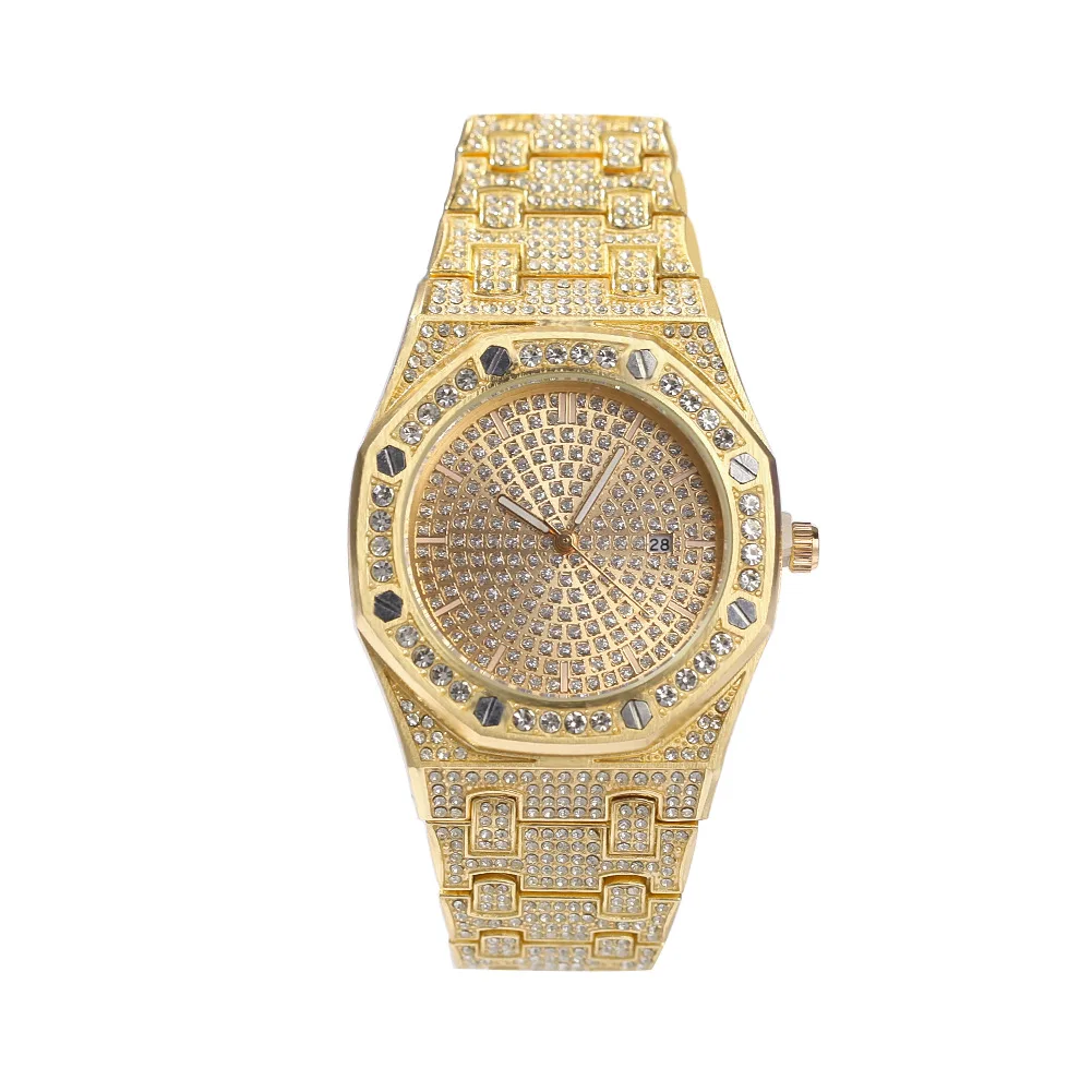 

D&R Jewelry New Gold plated Diamond Men's Watch Bling Hip Hop Trendy Fashion Big Dial Calendar Quartz Watch, Custom color