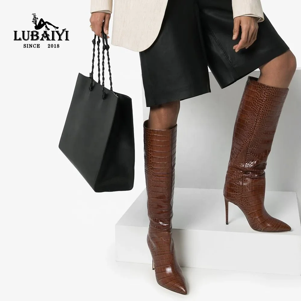 

Sexy Winter High Heel knee boots Pu Stone Print women thigh high boots Roman Style shoes for woman, Brown/cream