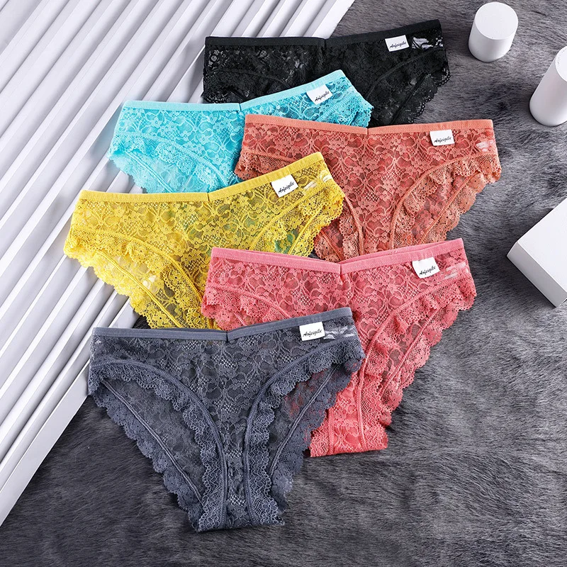 

women's sexy hollow transparent mesh cotton crotch briefs breathable Traceless girl Ladies lace women mid waist panties, Orange black gray blue pink yellow