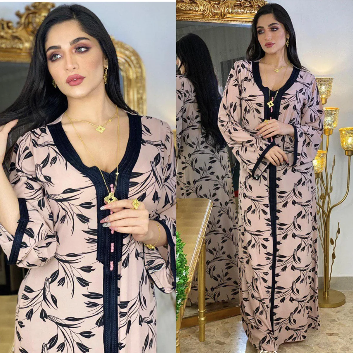 

2021 New Arrival Turkish Maxi Dress for Women Ethnic Ribbon V Neck Long Sleeve Dress Arabic Muslim Islamic Clothing