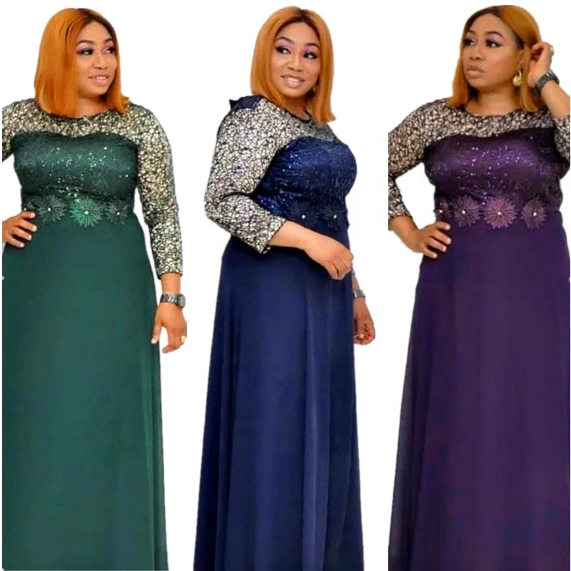

2021 High Quality Plus Size African Lace Sequined Stitch Formal Evening Party Dresses