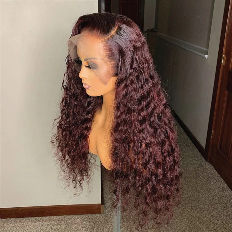 

Deep Curly Lace Front Human Hair Wigs Burgundy 99J Color Brazilian Virgin Hair Glueless Lace Wigs Pre Plucked Bleached Knots