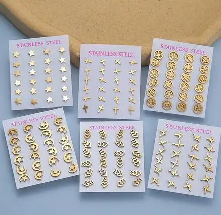 

12 pairs/set Trendy Wholesale Stainless Steel Hypoallergenic No Fade Geometric Earrings 2021 Gold set Stud Jwelery Set Earrings