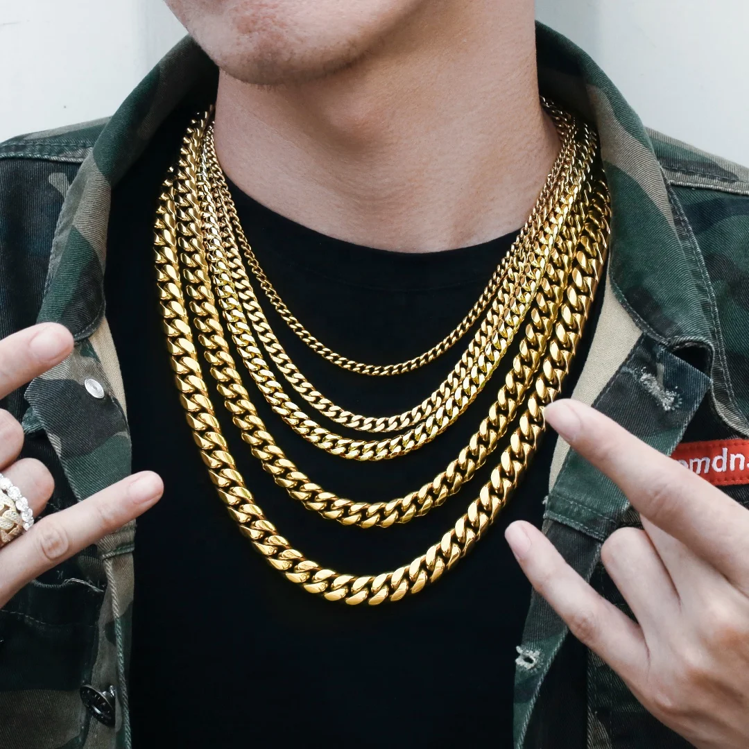 

Wholesale Custom Hip Hop 9mm Cuban Curb Link Mens Miami Stainless Steel 14k 18k Gold Plated Chain Necklace Cuban Link Chain