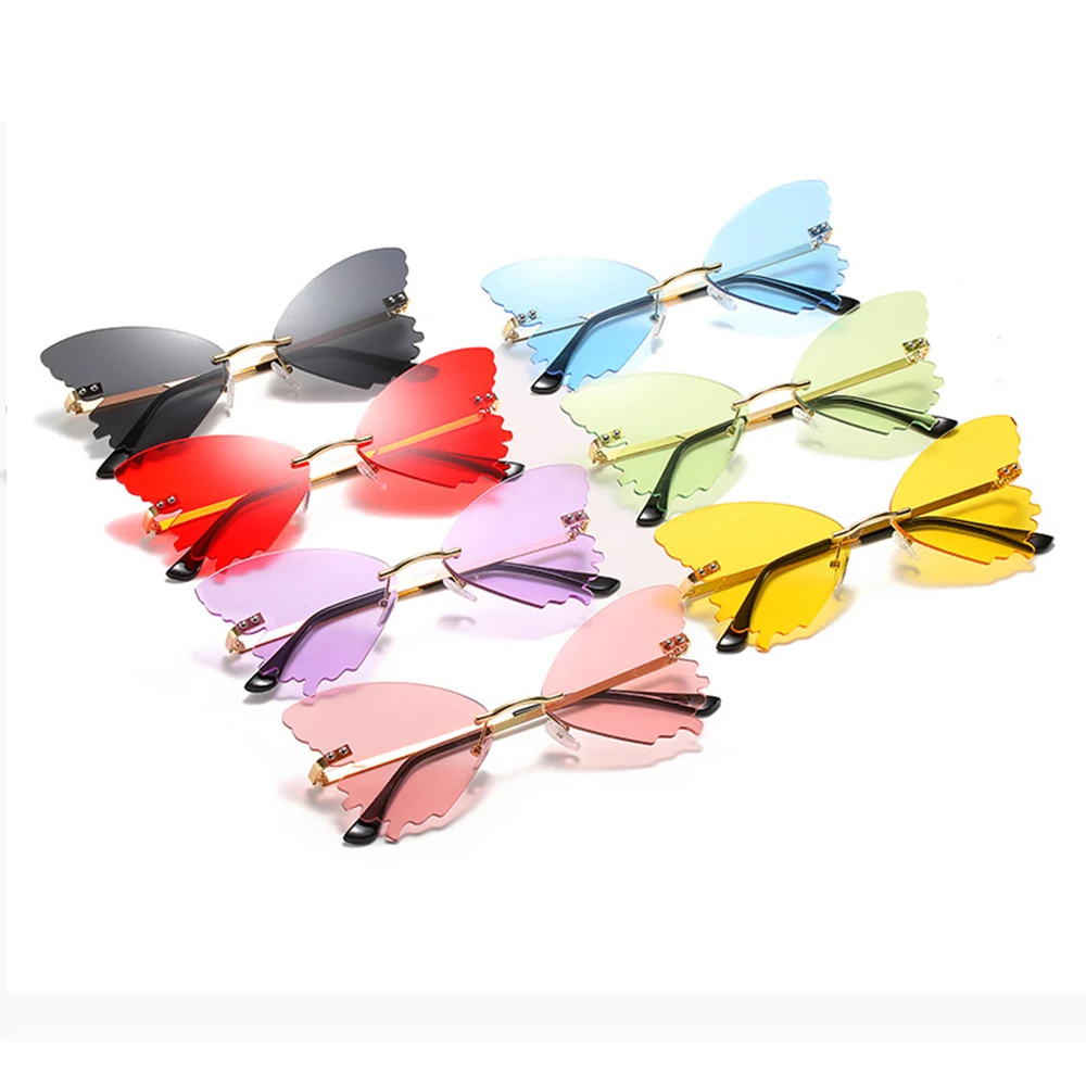 

2021 newest fashion butterfly shape rimless colorful sunglasses women men eyewear shade sun glasses wholesale custom goggles