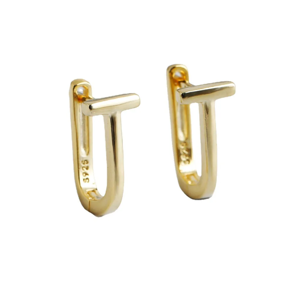 

fashion earrings jewelry 925 sterling silver chunky plain T Shape gold plated hoop earrings women silver jewelry