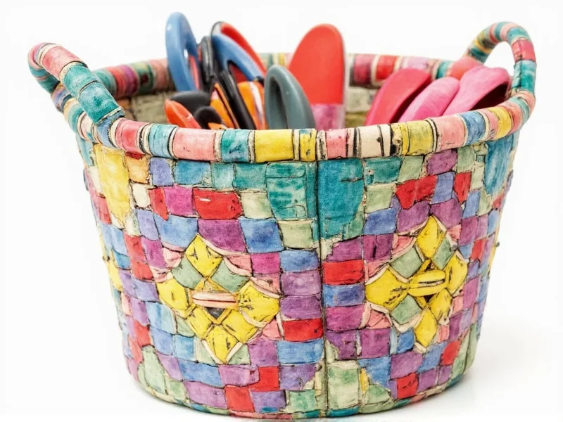 Colorful woven newspaper basket filled with small craft supplies