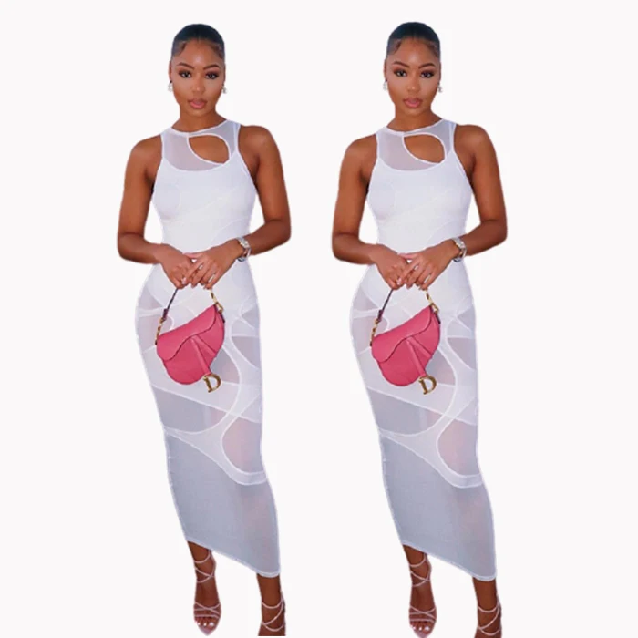 

Womens Summer sexy casual symmetrical cut out see through Scoop Neck slim Fitted Bodycon Tank Sleeveless long dress maxi dress, White