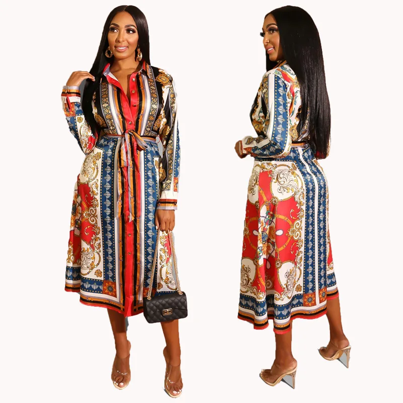 

Wholesale Africa Clothing Loose Outwear Buttons Open Front Belted Long Blouse Shirts African Khanga Dress Africa Clothing