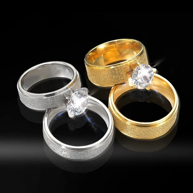 

Finetoo Fashion Stainless Steel Couple Rings Frosted Zircon Wedding Rings set jewelry, Gold plated