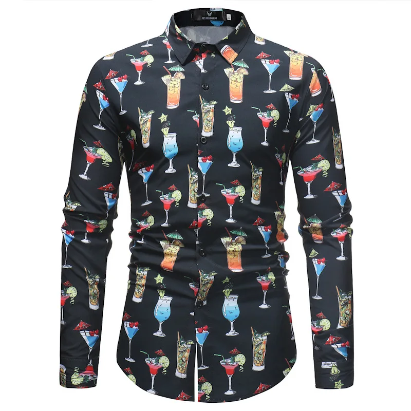 Wholesale Fashion Casual Printed Slim Fit Long Sleeve Top Men's Shirts