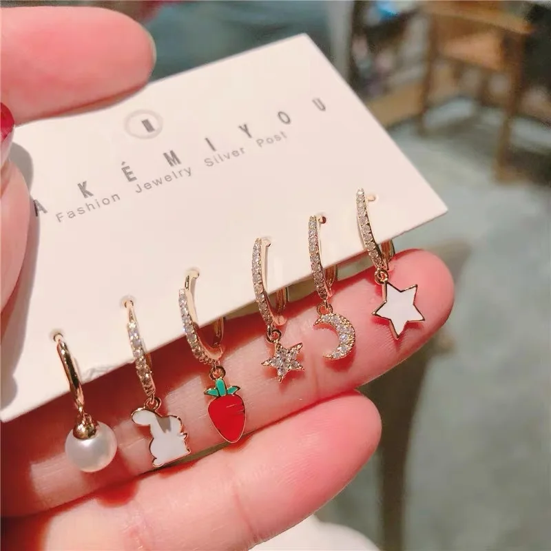 

Korean Style 925 Silver Needle Dripping Oil Radish Rabbit Cute Pearl 6-Piece Set Micro-Inlaid Wild Zircon Earrings, As picture