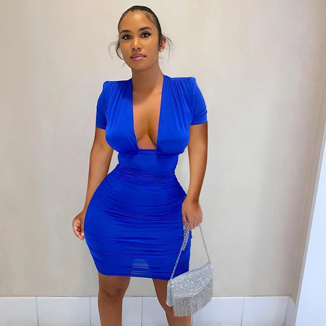 

Ladies Pure Color Fitted Short Sleeve Sexy Ruched Dresses For Night Club Party Summer Deep Pleated V Neck Mini Dress, Orange,black,blue